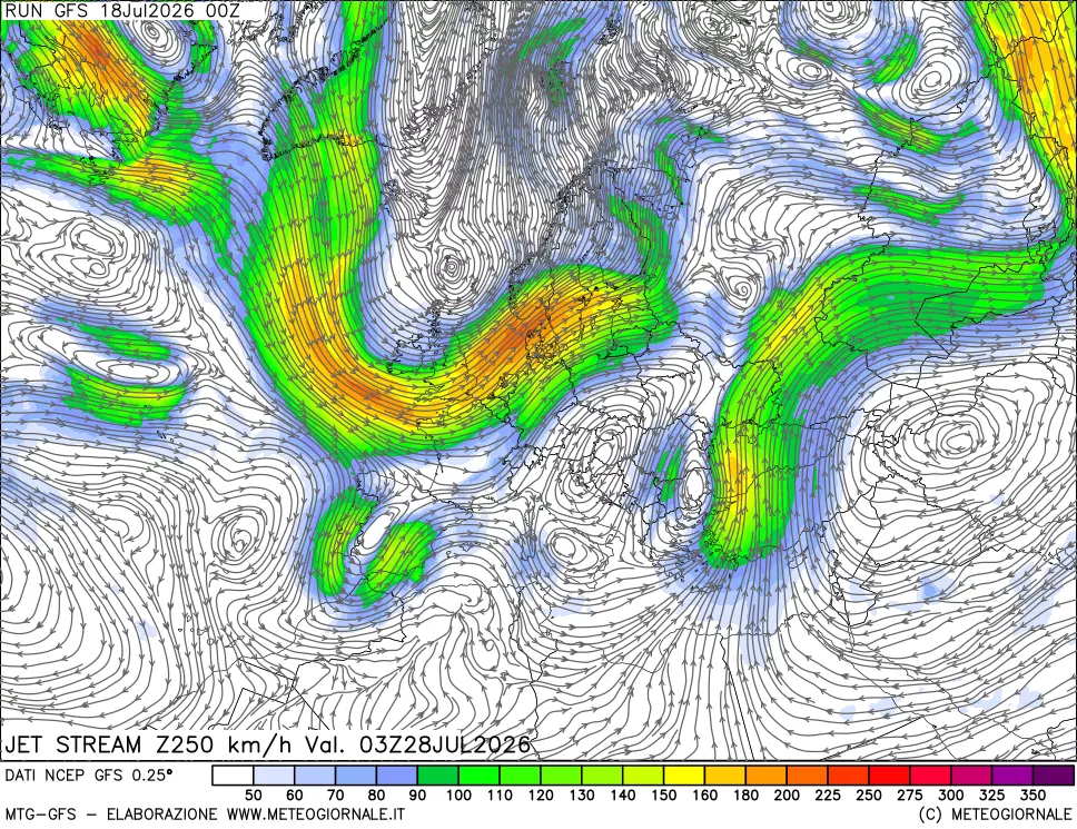 mappa 250 hPa Jet stream