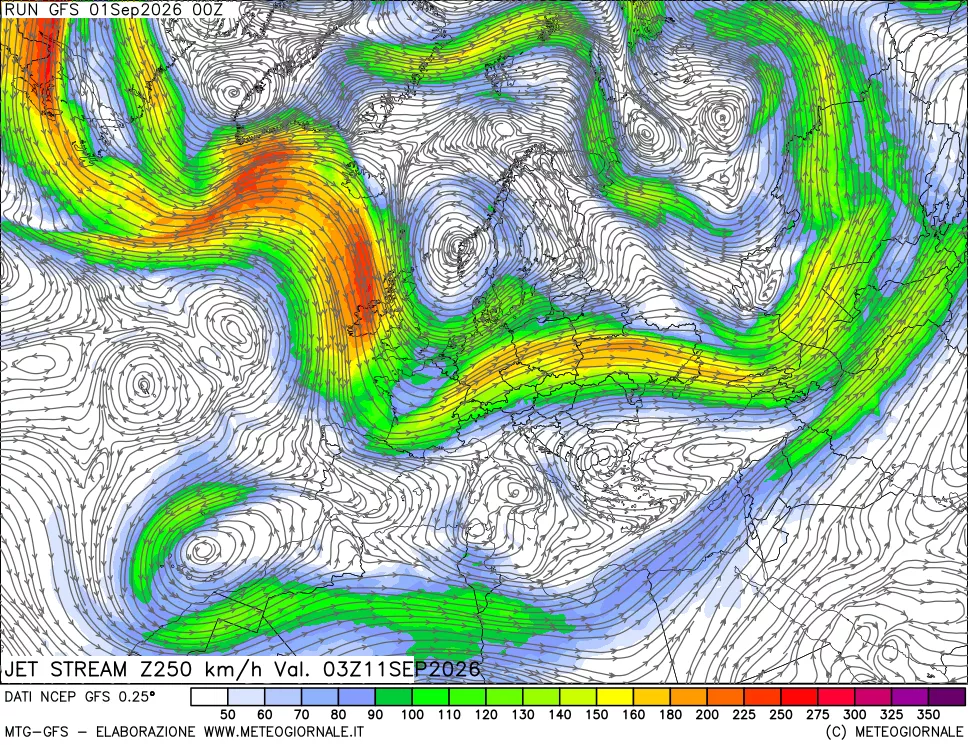 mappa 250 hPa Jet stream