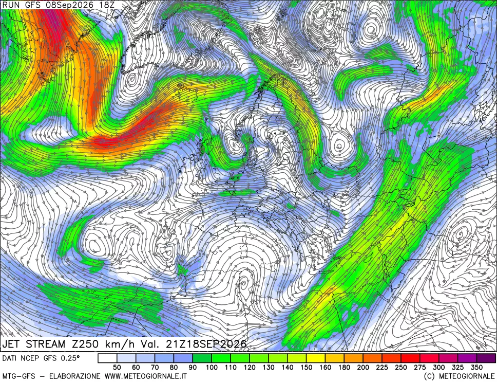 mappa 250 hPa Jet stream