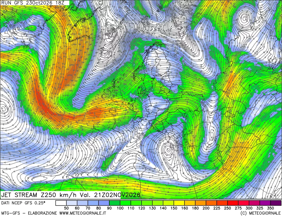 mappa 250 hPa Jet stream