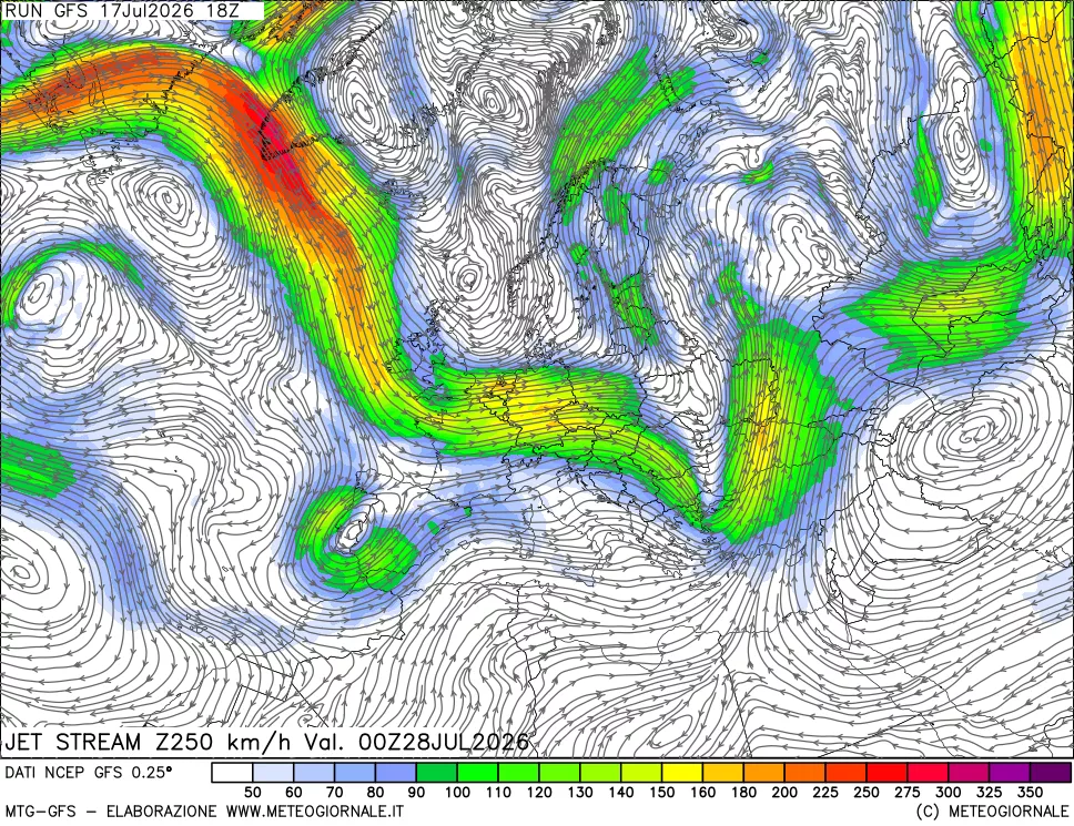 mappa 250 hPa Jet stream