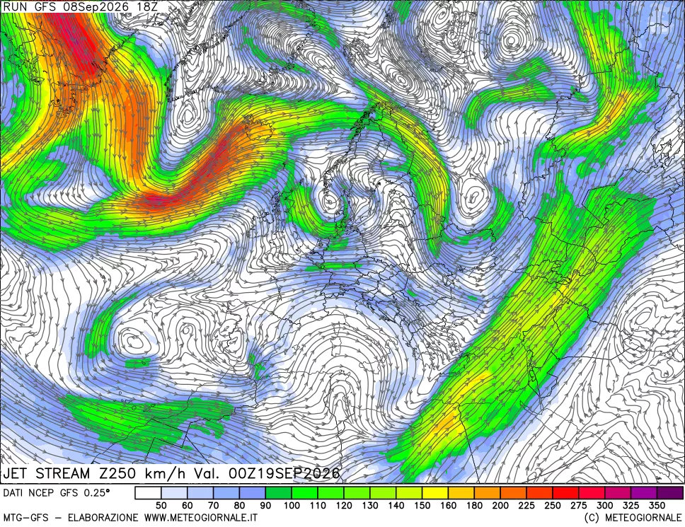 mappa 250 hPa Jet stream