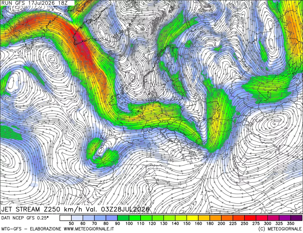 mappa 250 hPa Jet stream