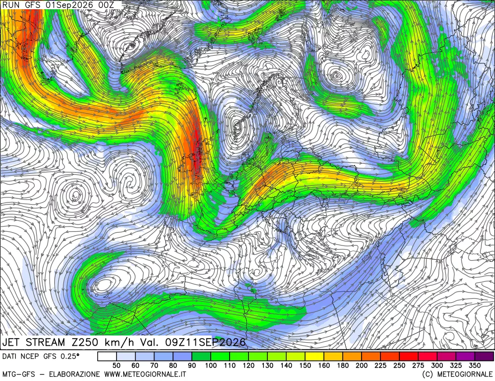 mappa 250 hPa Jet stream