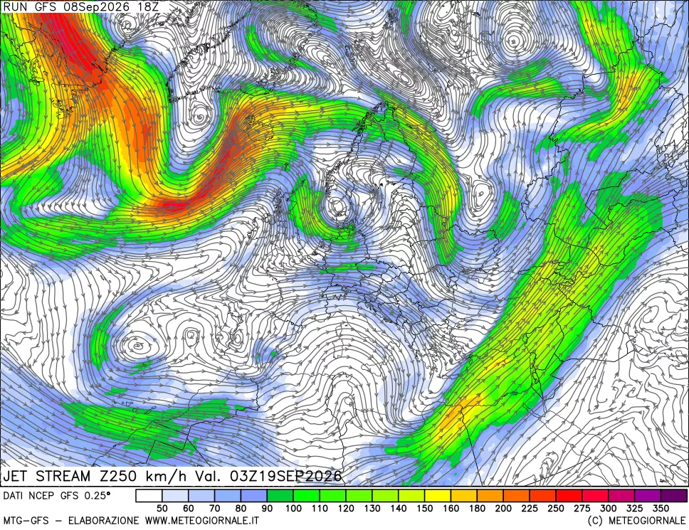 mappa 250 hPa Jet stream