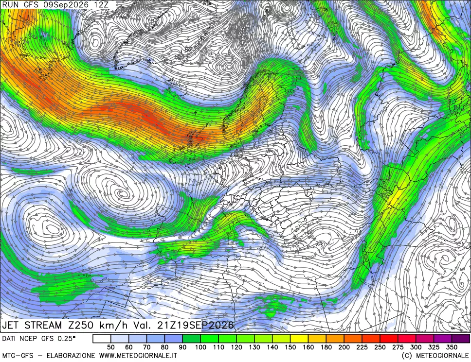 mappa 250 hPa Jet stream