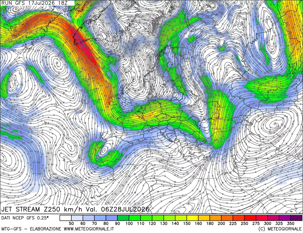 mappa 250 hPa Jet stream