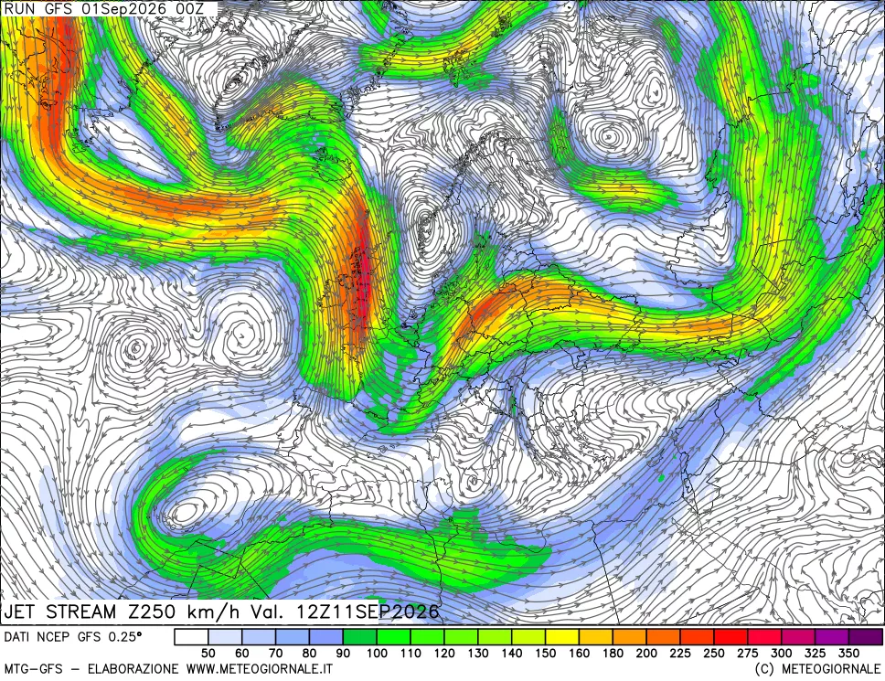 mappa 250 hPa Jet stream