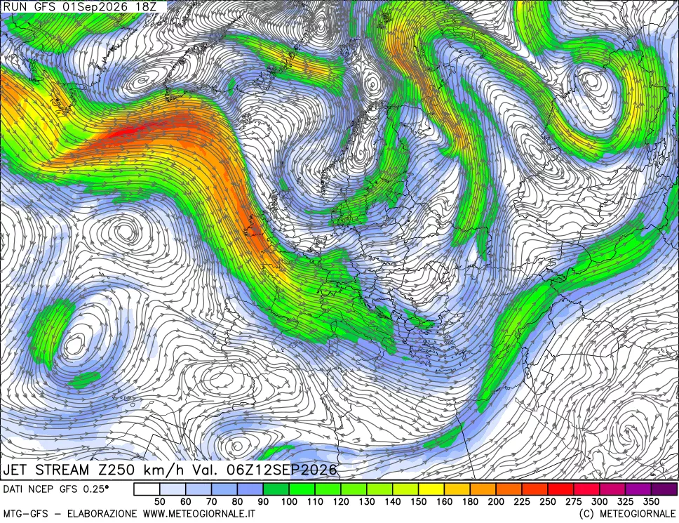 mappa 250 hPa Jet stream