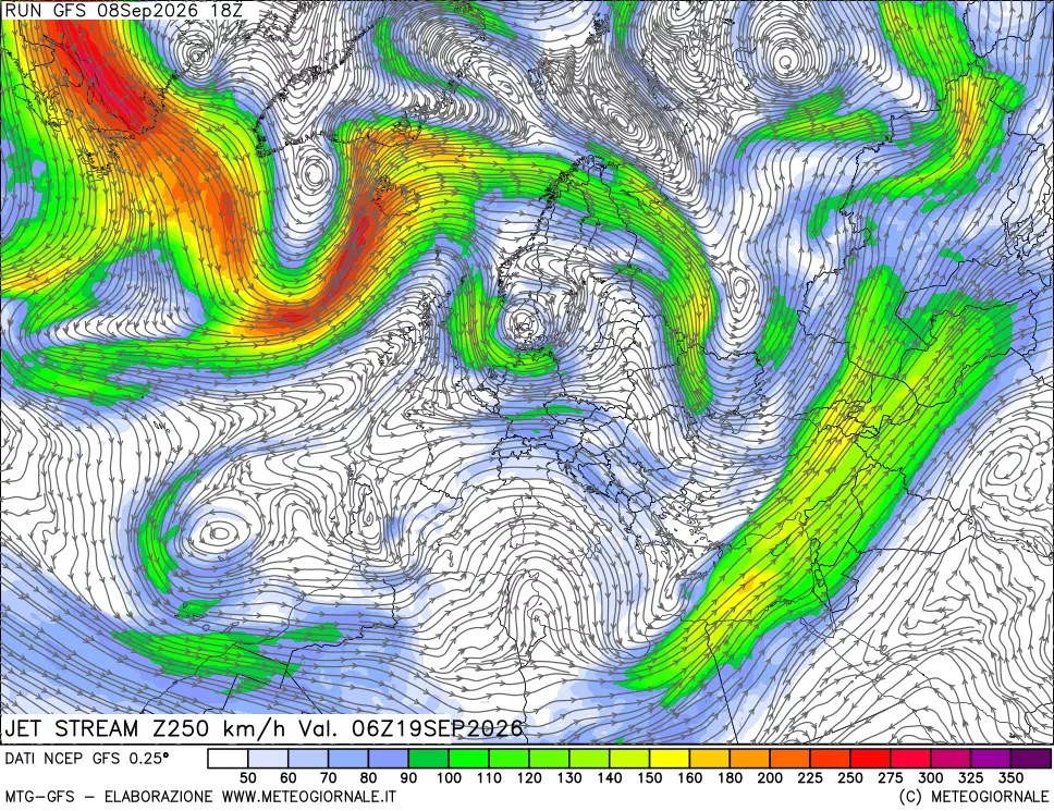 mappa 250 hPa Jet stream