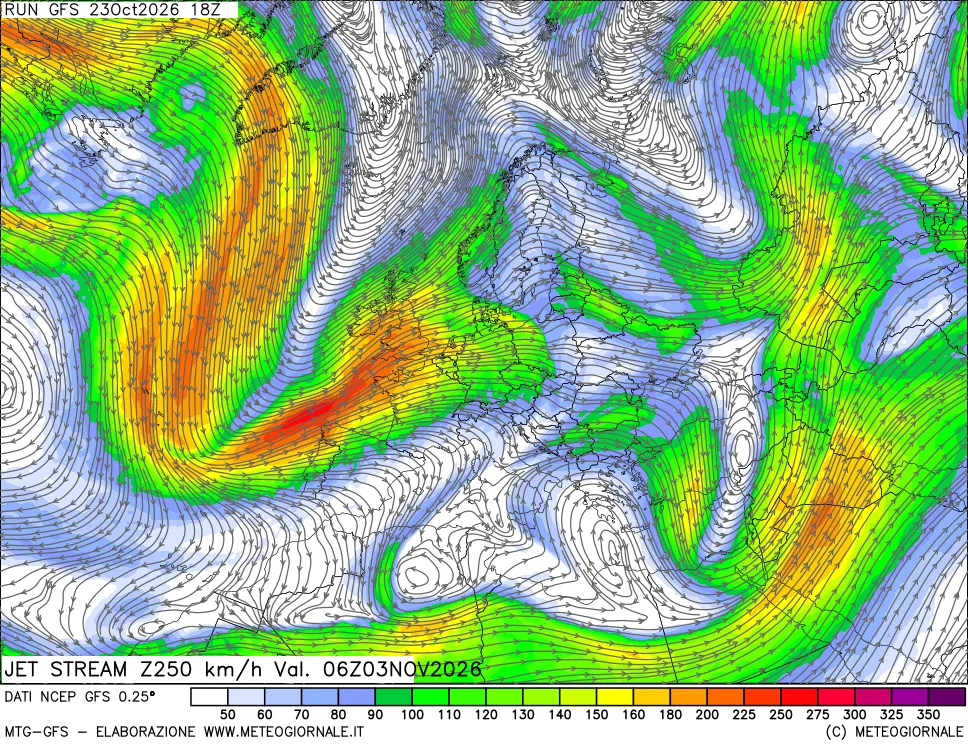 mappa 250 hPa Jet stream