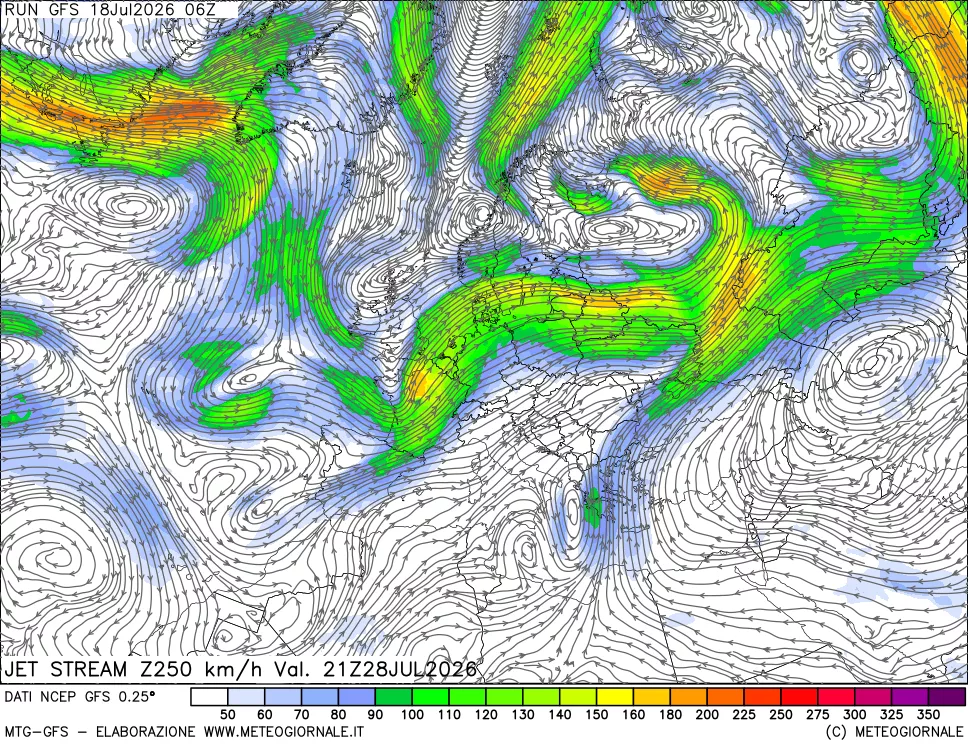 mappa 250 hPa Jet stream