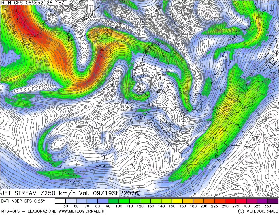 mappa 250 hPa Jet stream