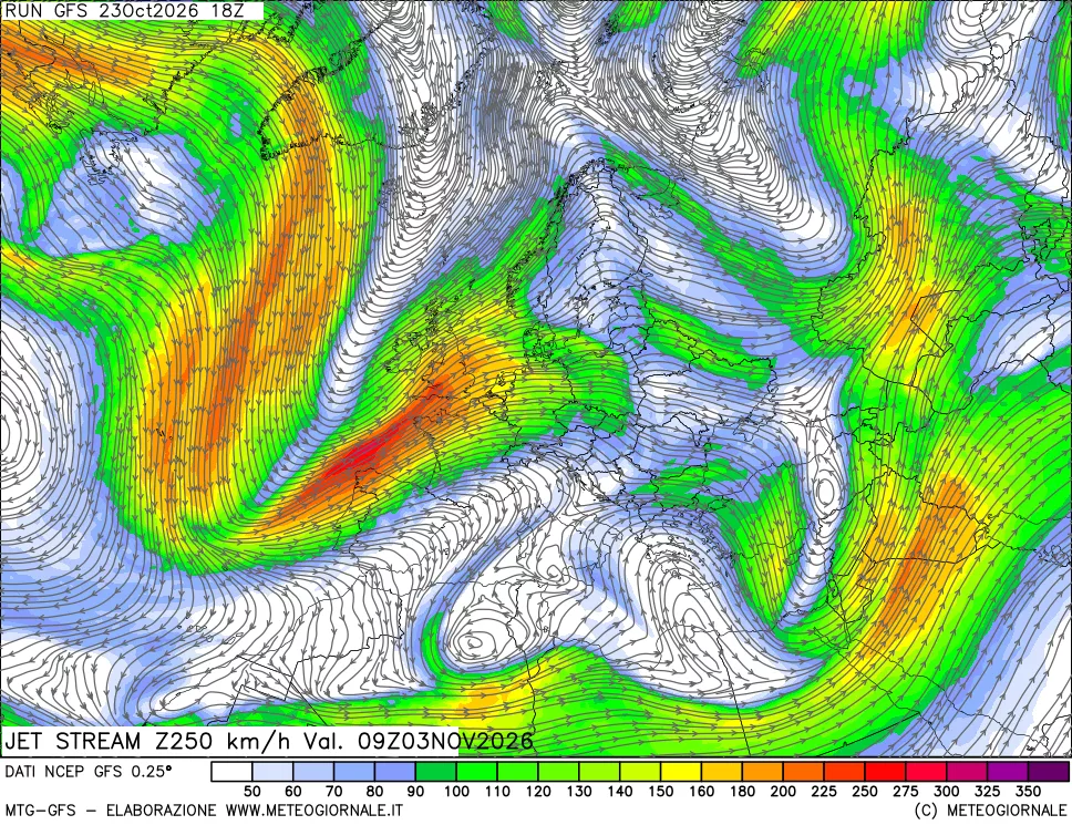 mappa 250 hPa Jet stream
