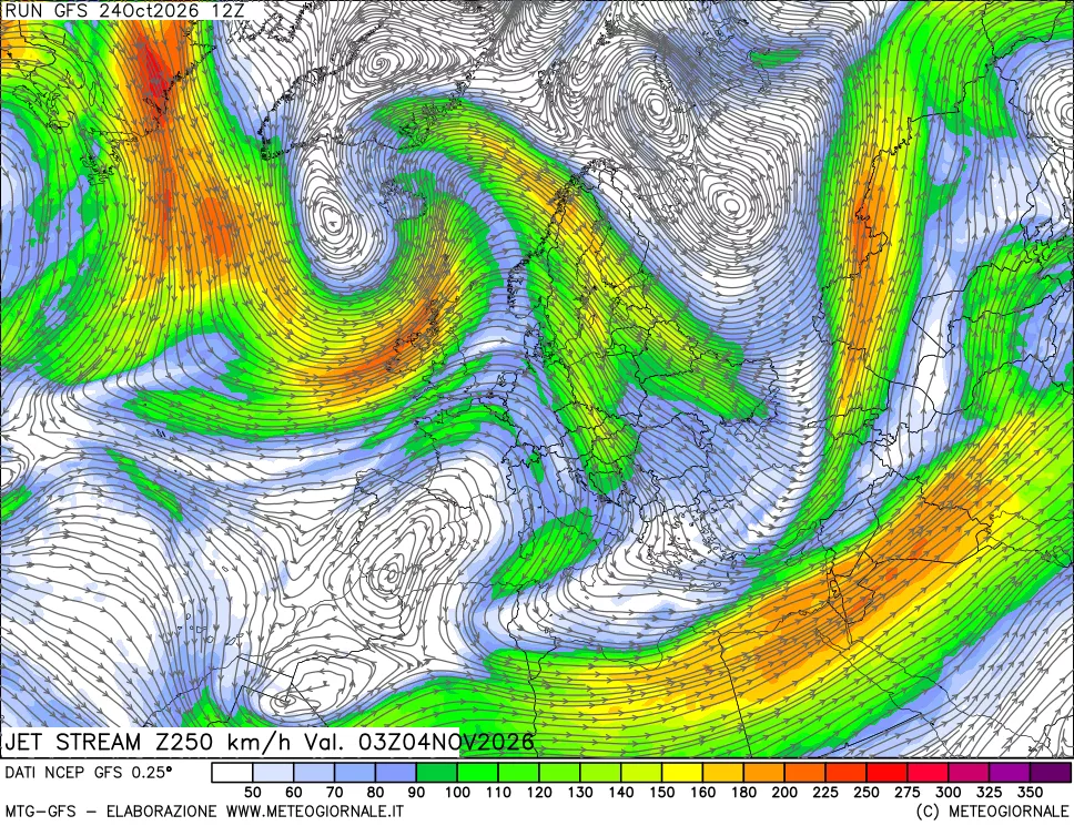 mappa 250 hPa Jet stream