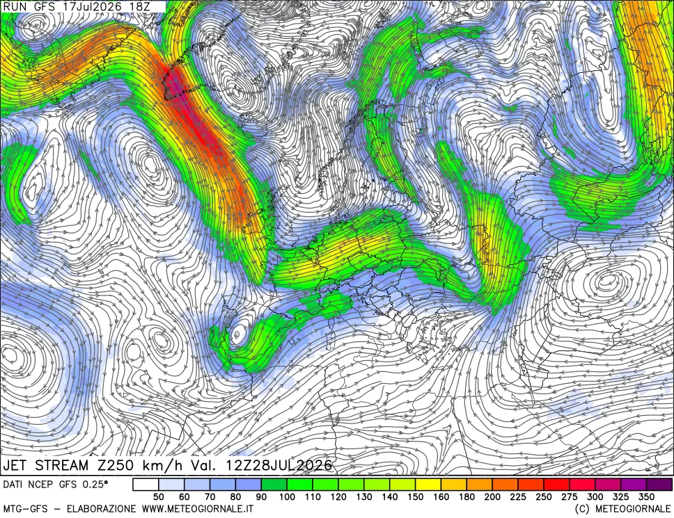 mappa 250 hPa Jet stream