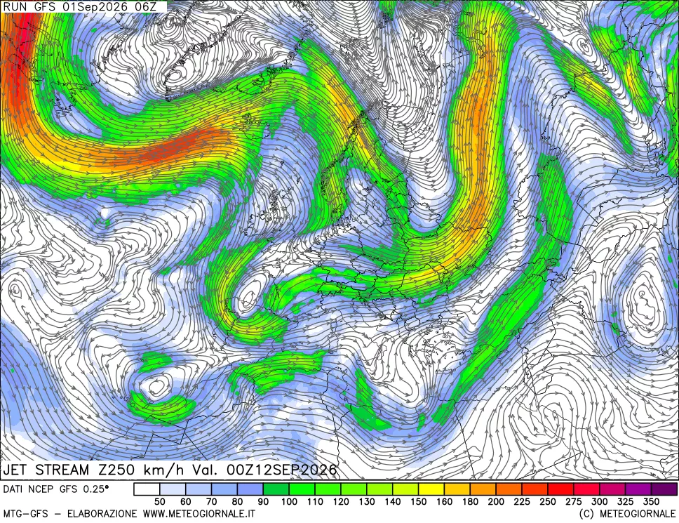 mappa 250 hPa Jet stream