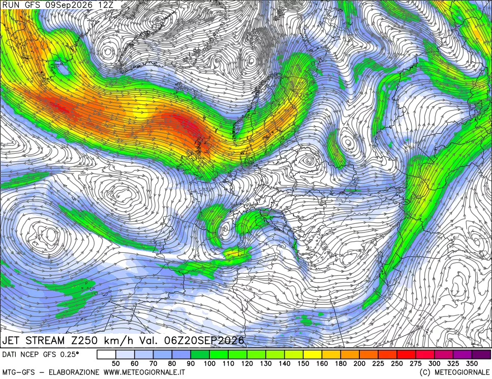 mappa 250 hPa Jet stream