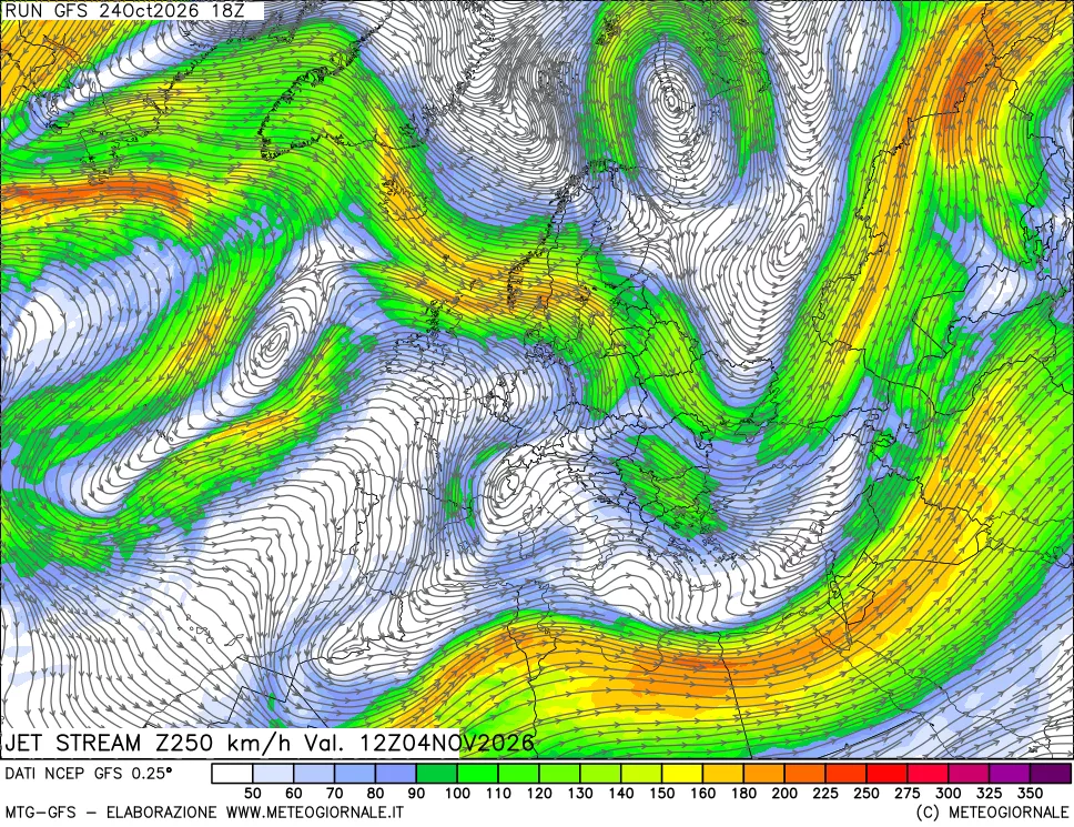 mappa 250 hPa Jet stream