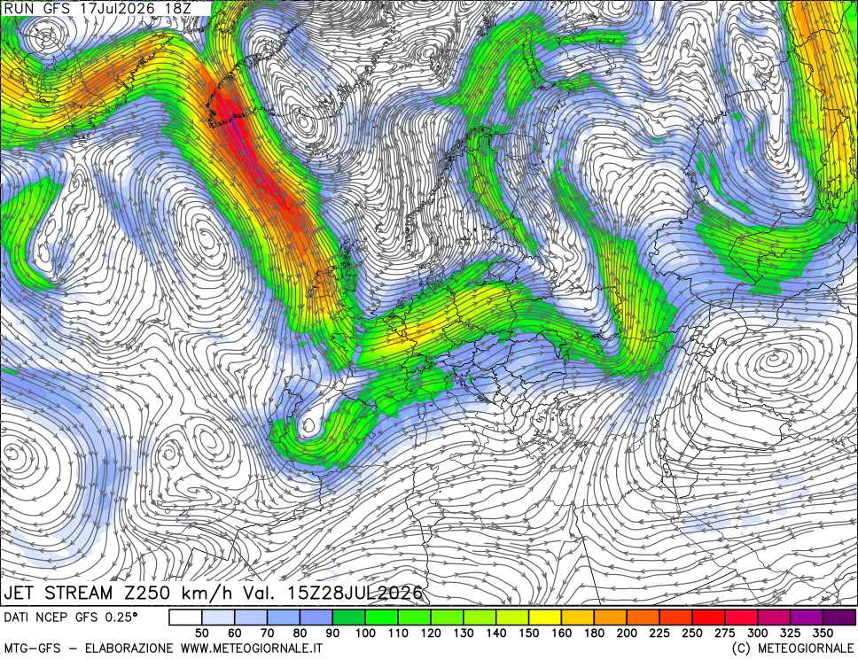 mappa 250 hPa Jet stream