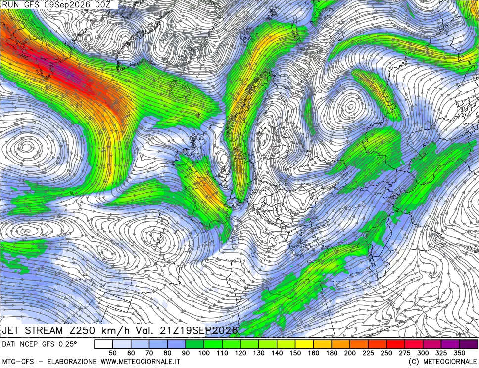 mappa 250 hPa Jet stream