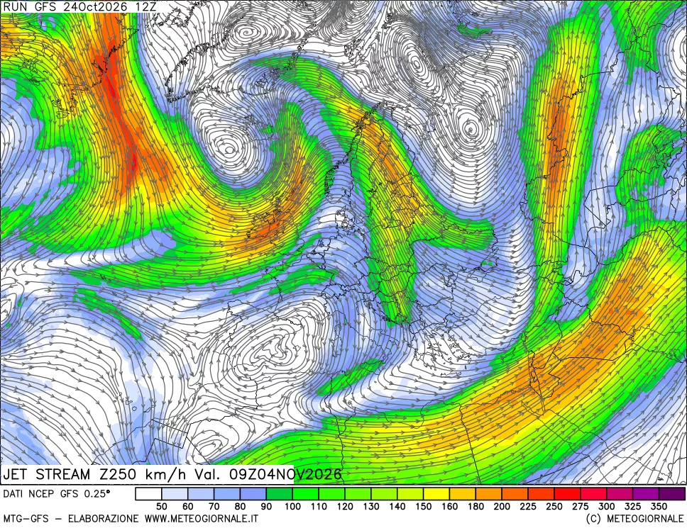 mappa 250 hPa Jet stream
