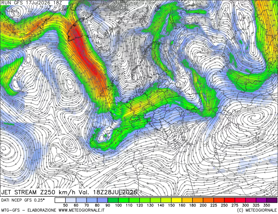 mappa 250 hPa Jet stream