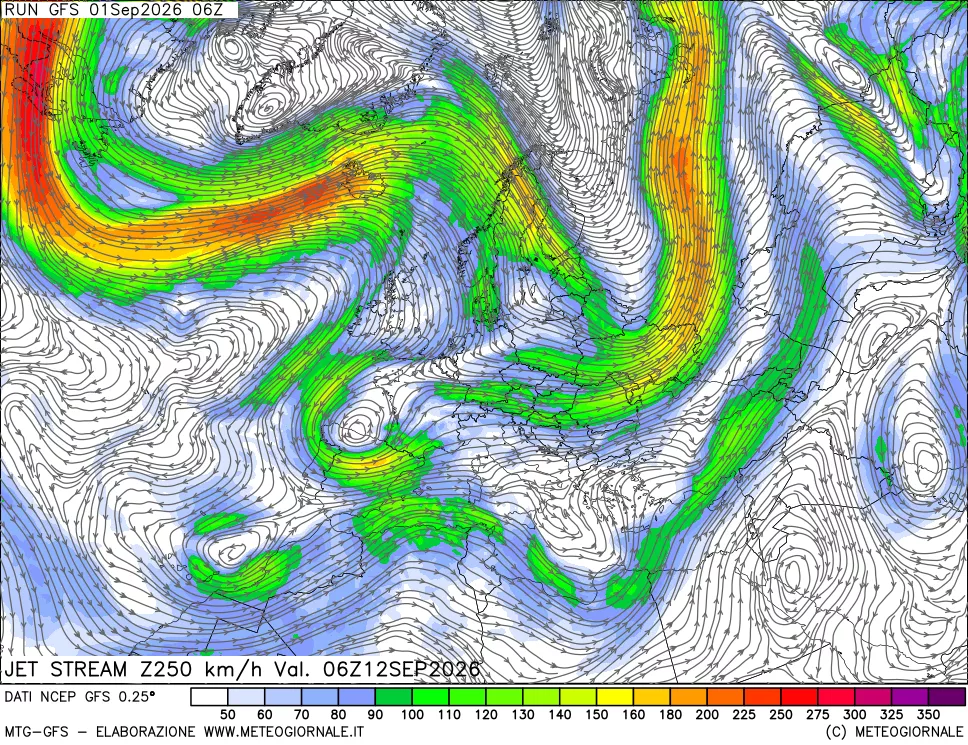 mappa 250 hPa Jet stream
