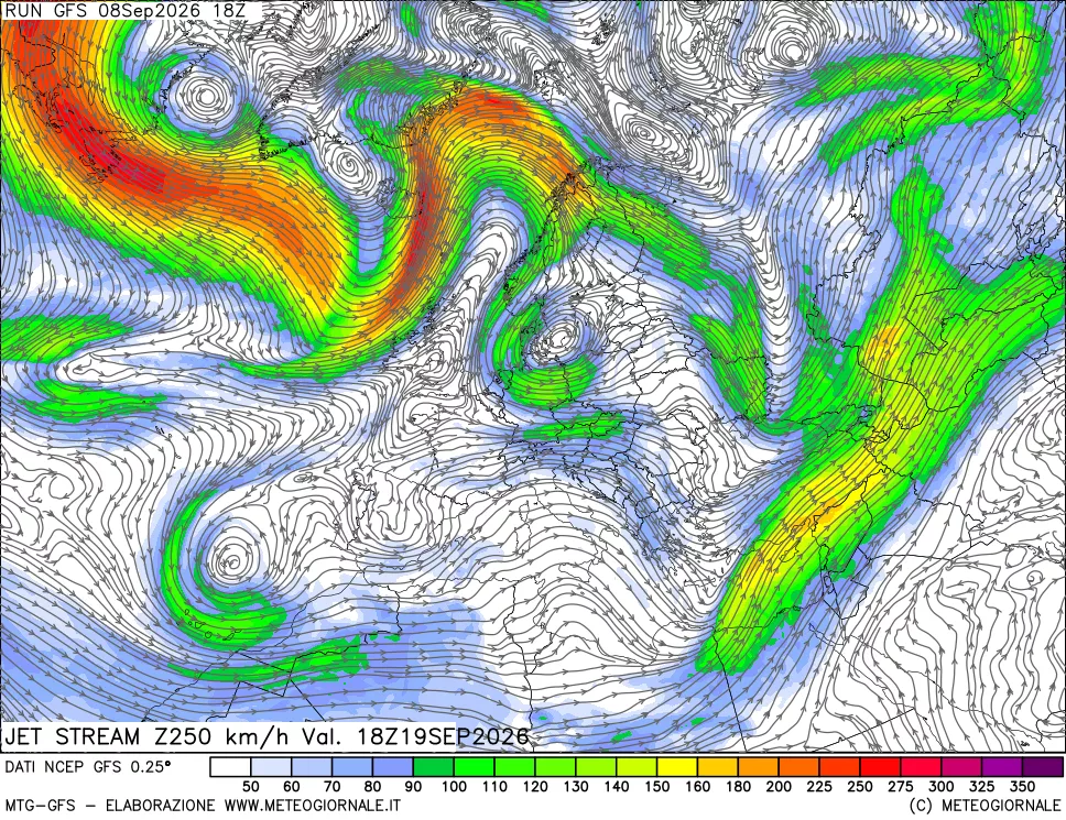 mappa 250 hPa Jet stream