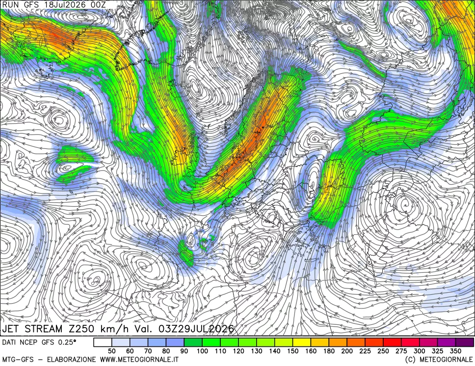 mappa 250 hPa Jet stream