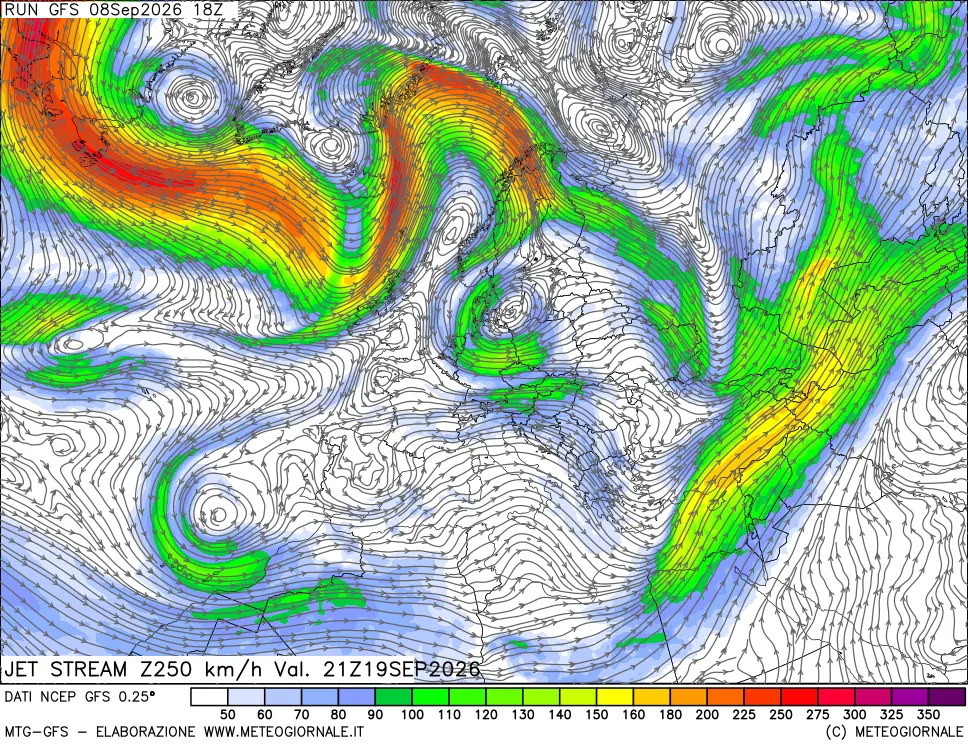 mappa 250 hPa Jet stream