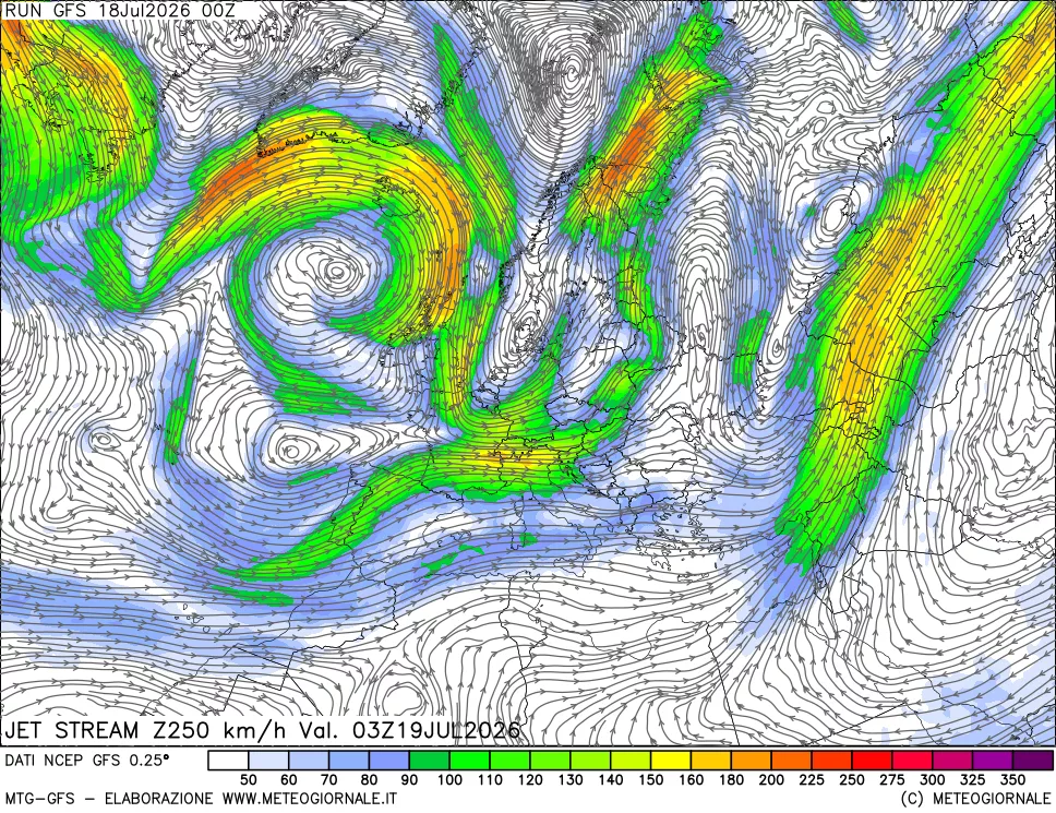 mappa 250 hPa Jet stream