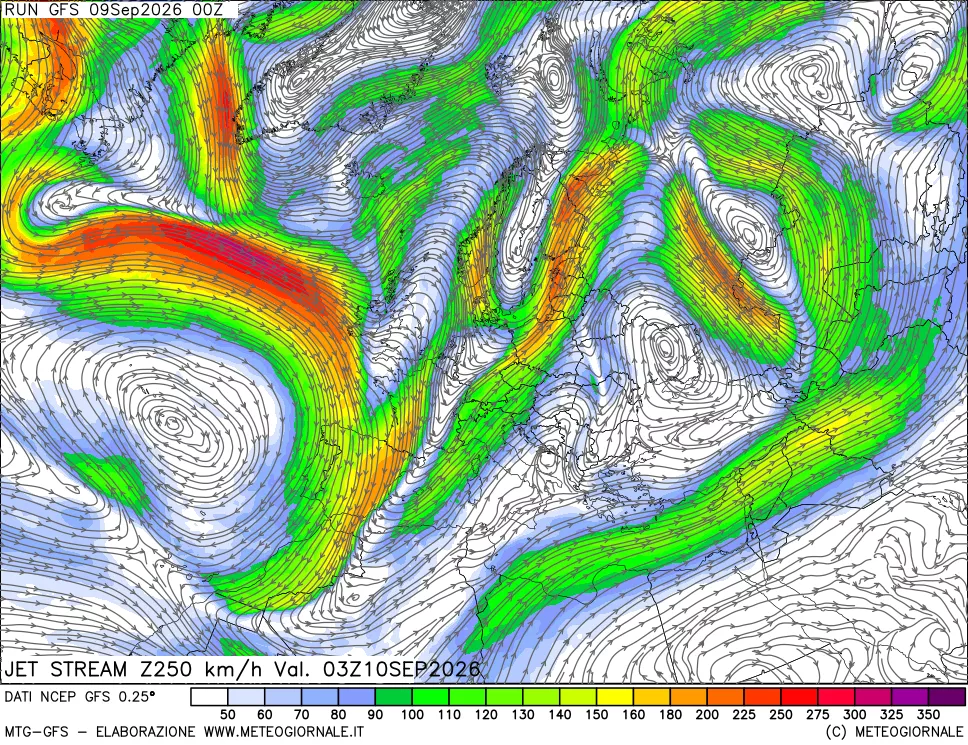 mappa 250 hPa Jet stream
