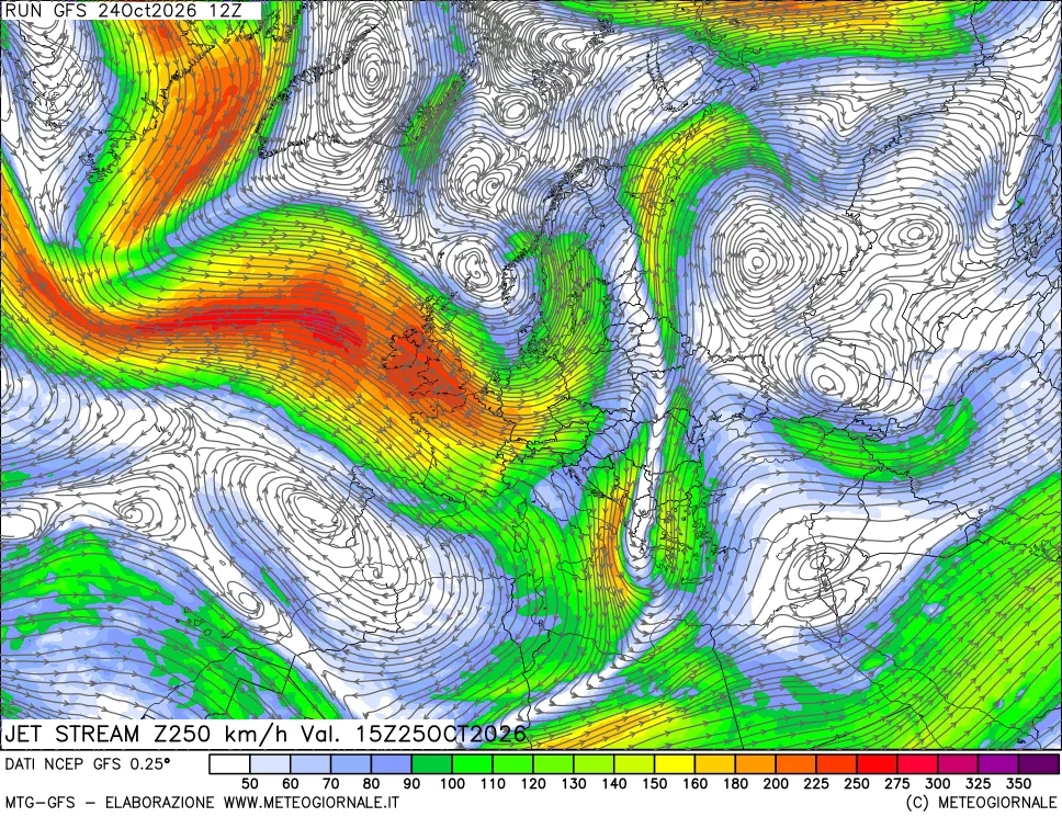 mappa 250 hPa Jet stream