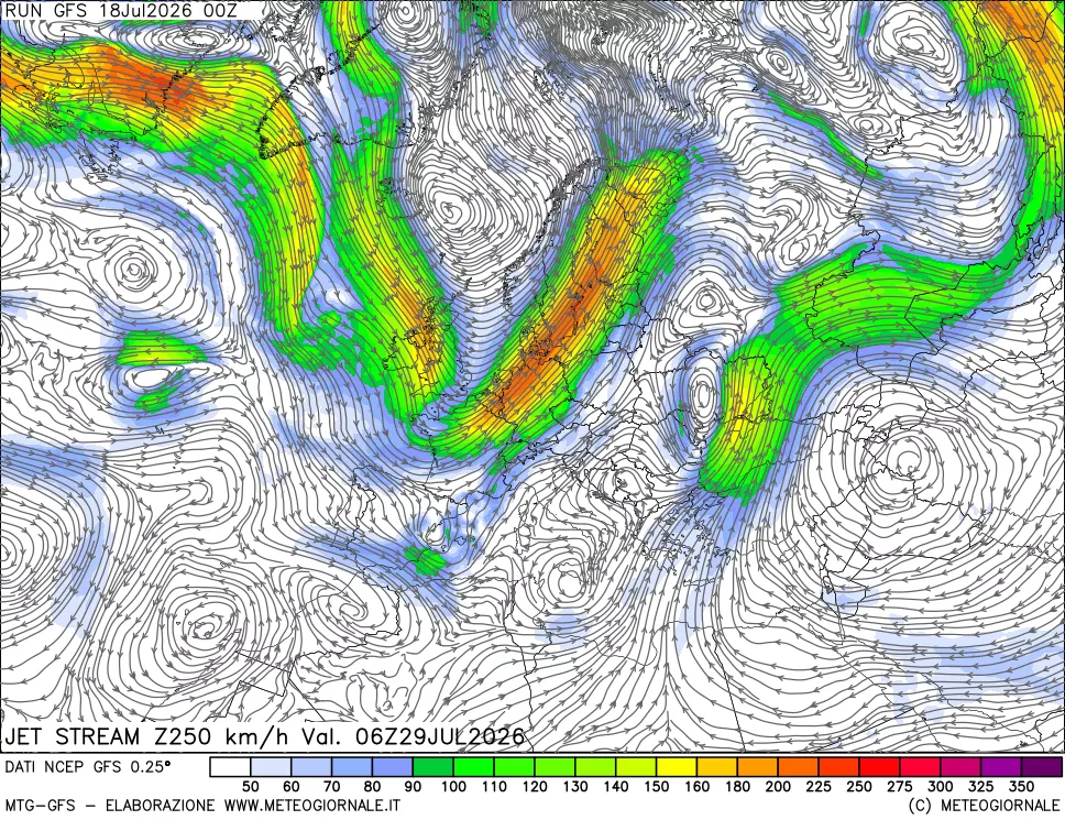 mappa 250 hPa Jet stream