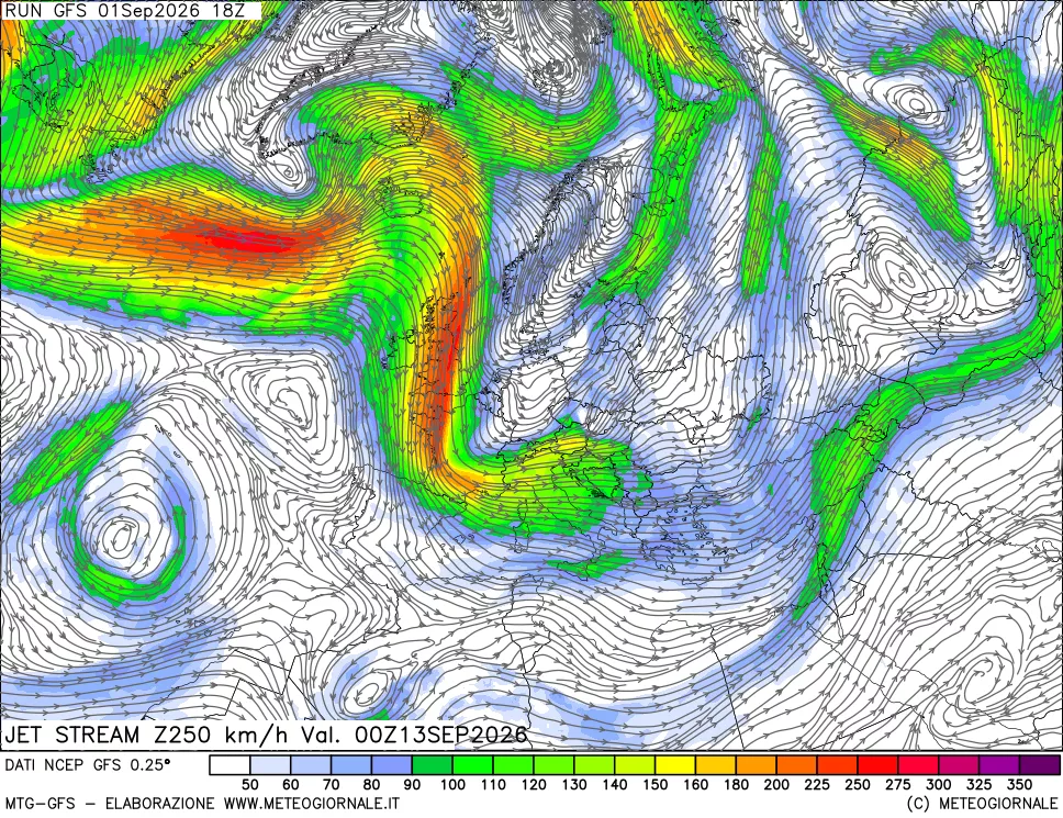 mappa 250 hPa Jet stream