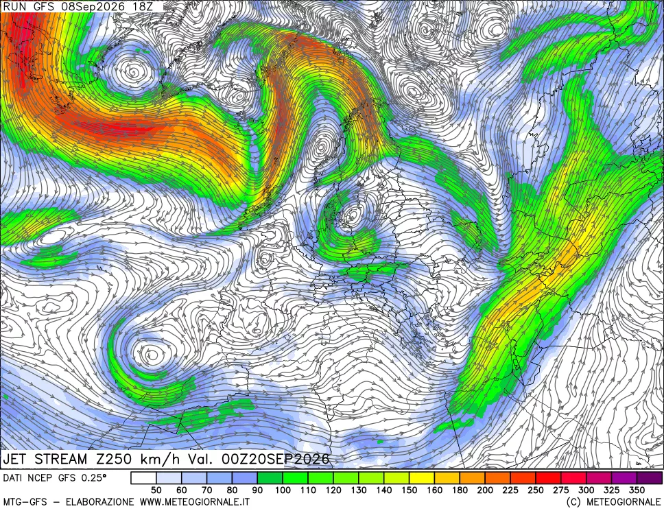 mappa 250 hPa Jet stream