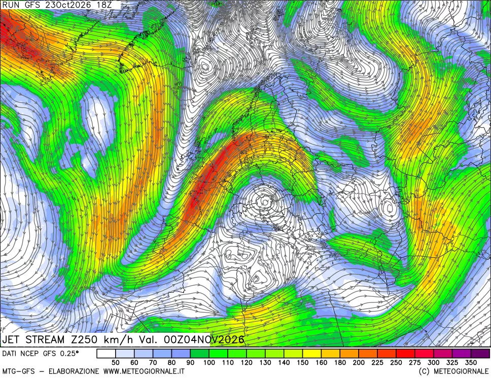 mappa 250 hPa Jet stream