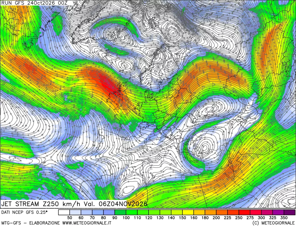 mappa 250 hPa Jet stream