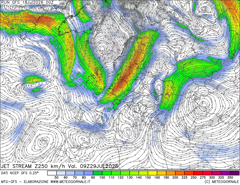 mappa 250 hPa Jet stream