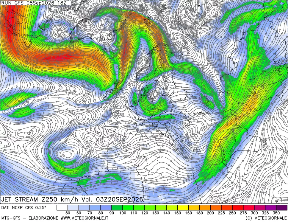 mappa 250 hPa Jet stream
