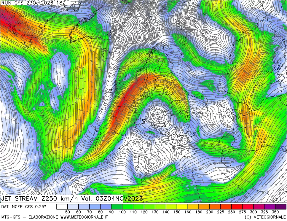 mappa 250 hPa Jet stream