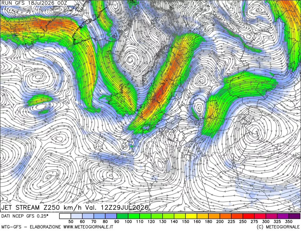 mappa 250 hPa Jet stream