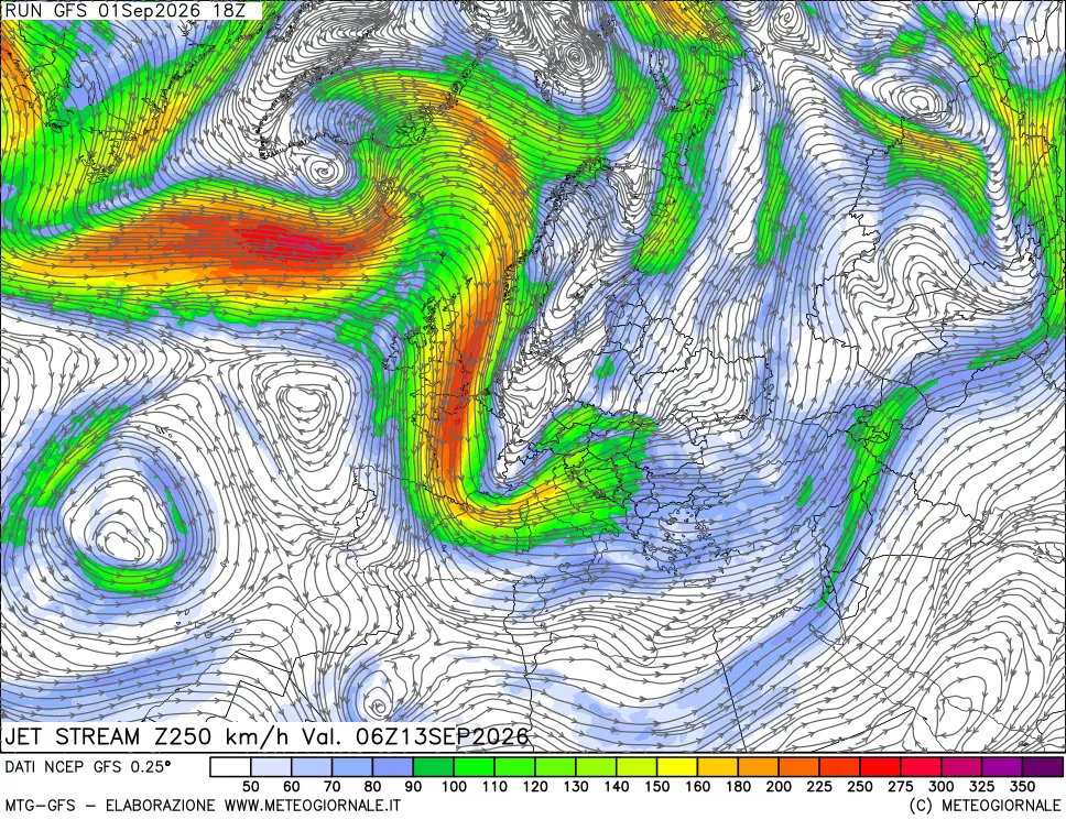 mappa 250 hPa Jet stream