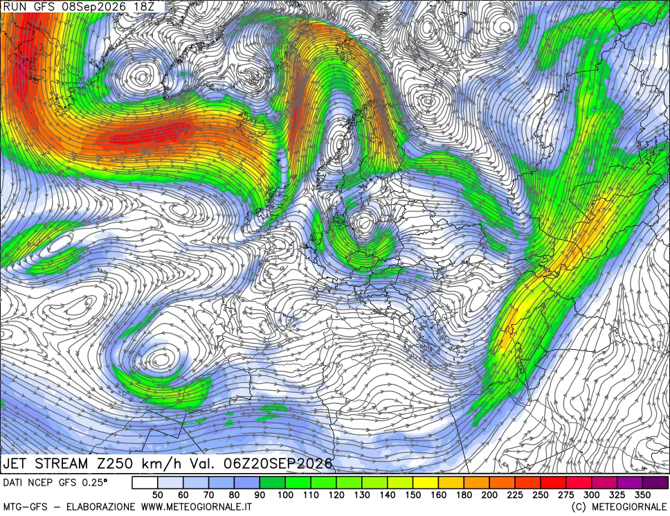 mappa 250 hPa Jet stream
