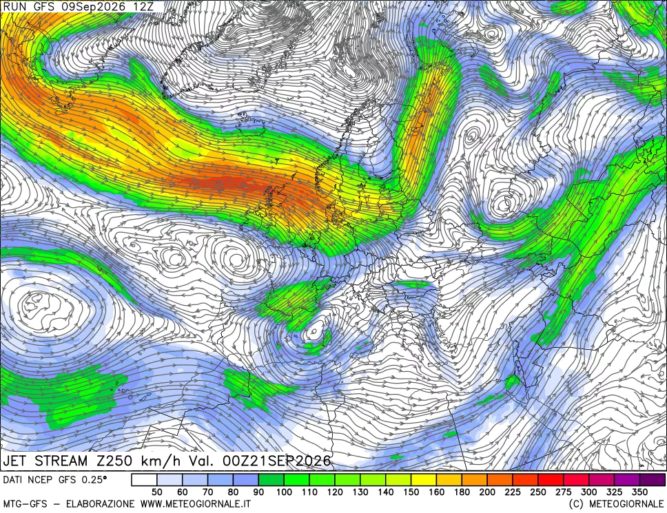 mappa 250 hPa Jet stream