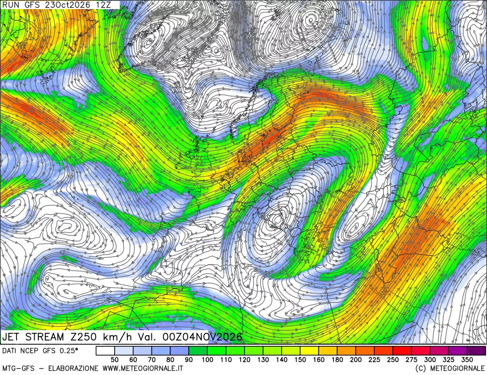 mappa 250 hPa Jet stream