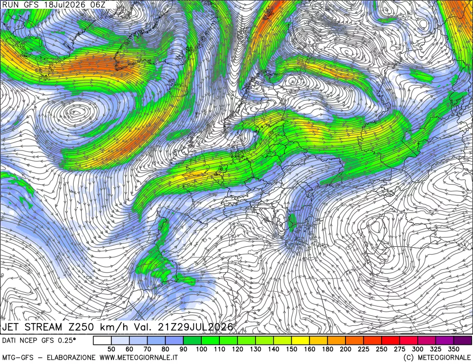 mappa 250 hPa Jet stream