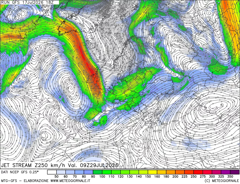 mappa 250 hPa Jet stream
