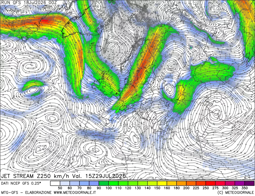 mappa 250 hPa Jet stream